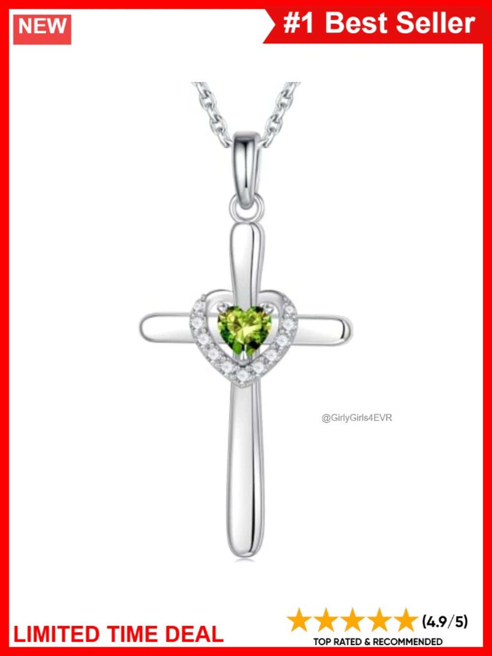 925 Sterling Silver Cross Necklace Heart Birthstone Pendant Adjustable Chain
